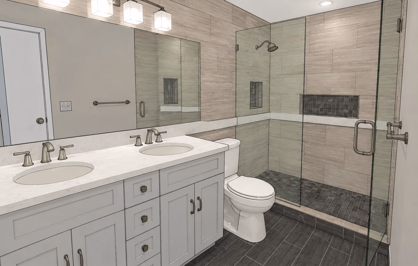 Modern bathroom with double sink vanity, large mirror, toilet, and glass-enclosed walk-in shower.