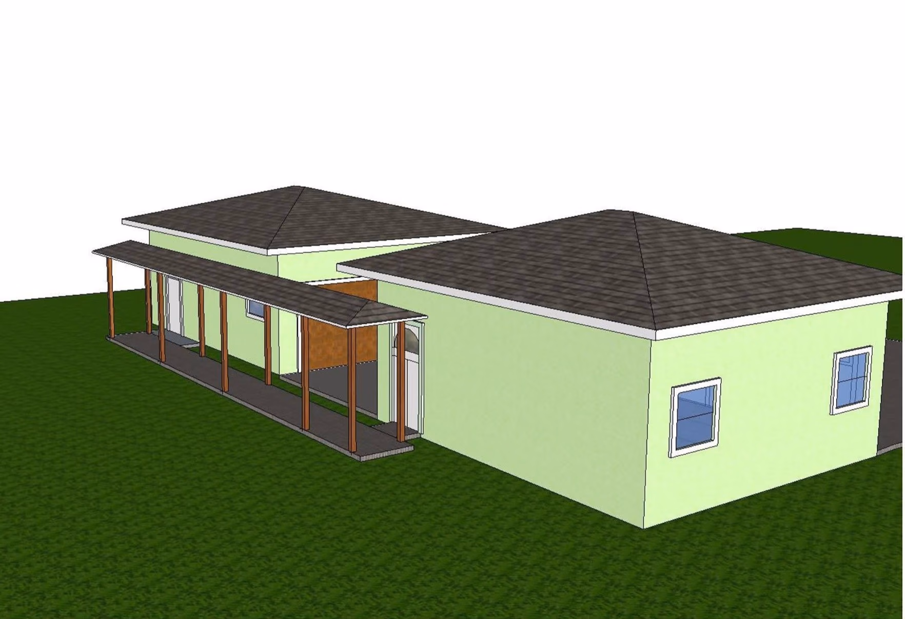 3D model of two attached light green buildings with grey hip roofs and a covered walkway.