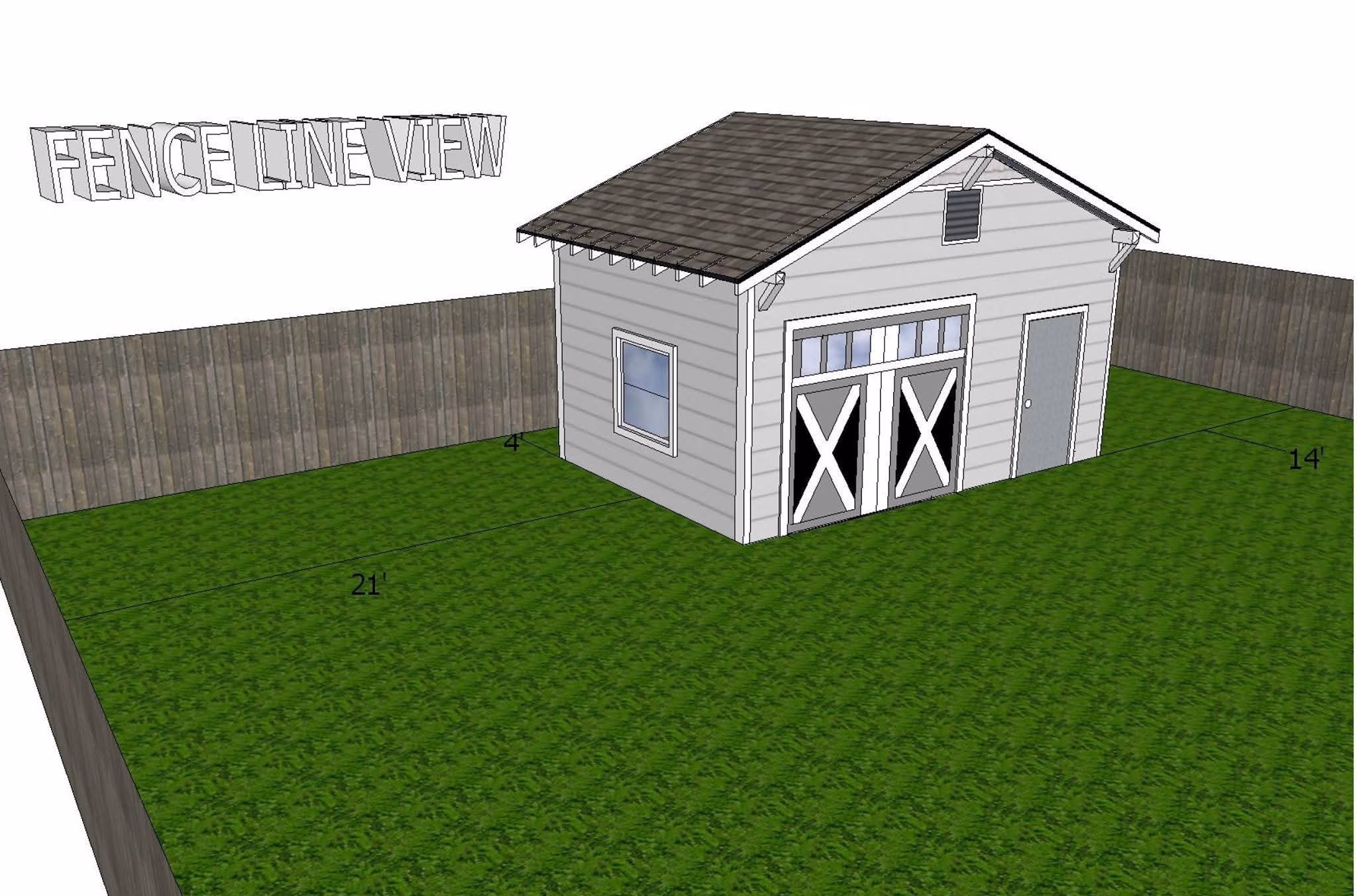 3D view of a small gray shed with double barn doors and a fenced green yard around it