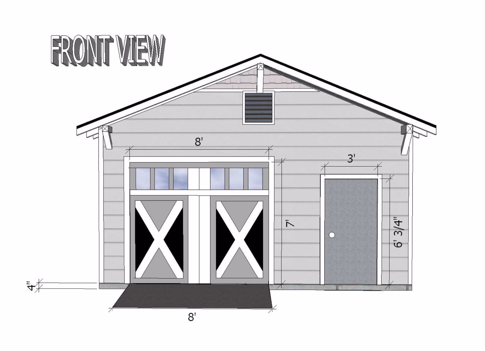 Front view of a building with double barn-style doors and a single side door with dimensions labeled.