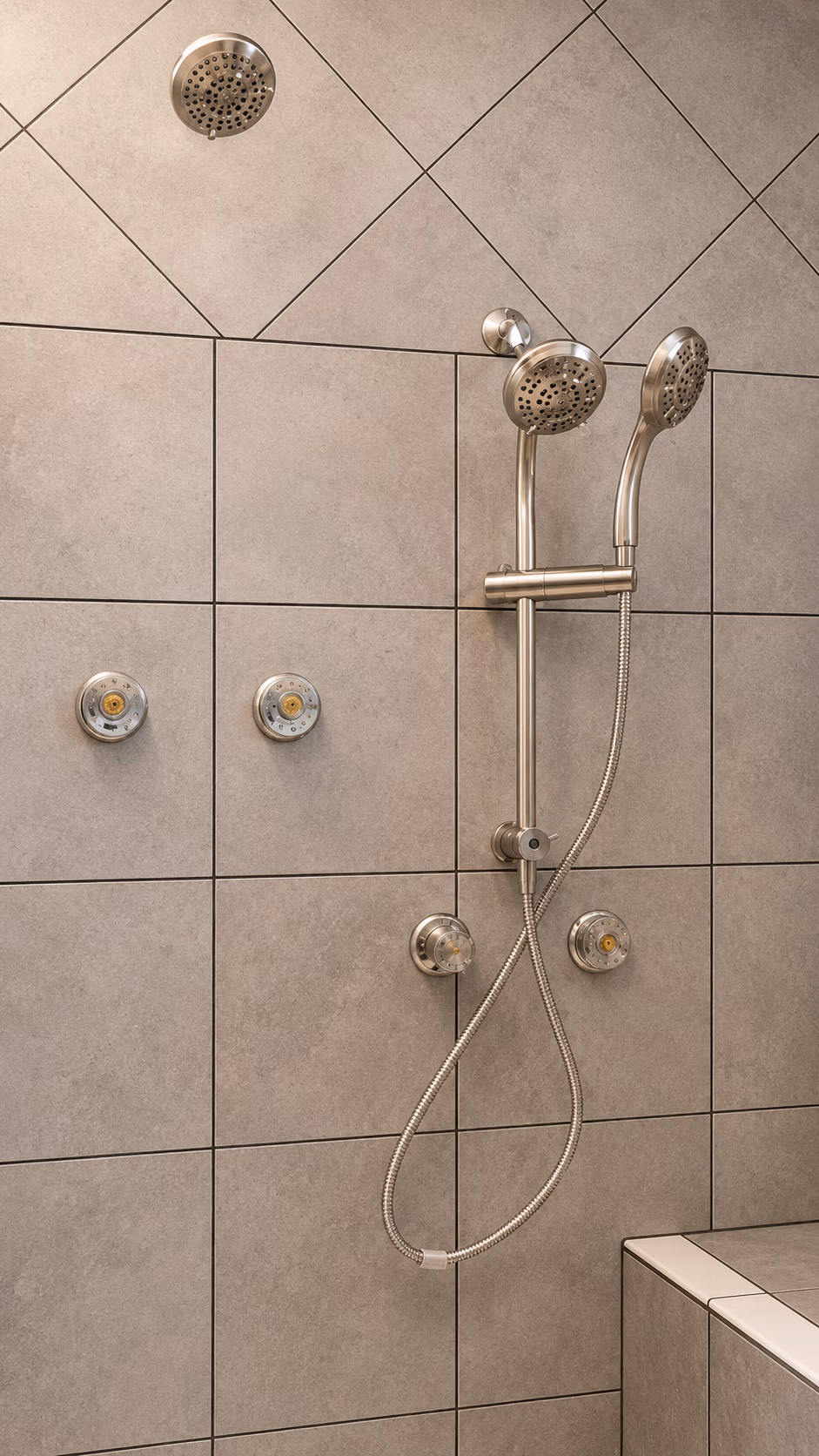 Modern shower with dual showerheads on height-adjustable rail and tiled beige wall background.