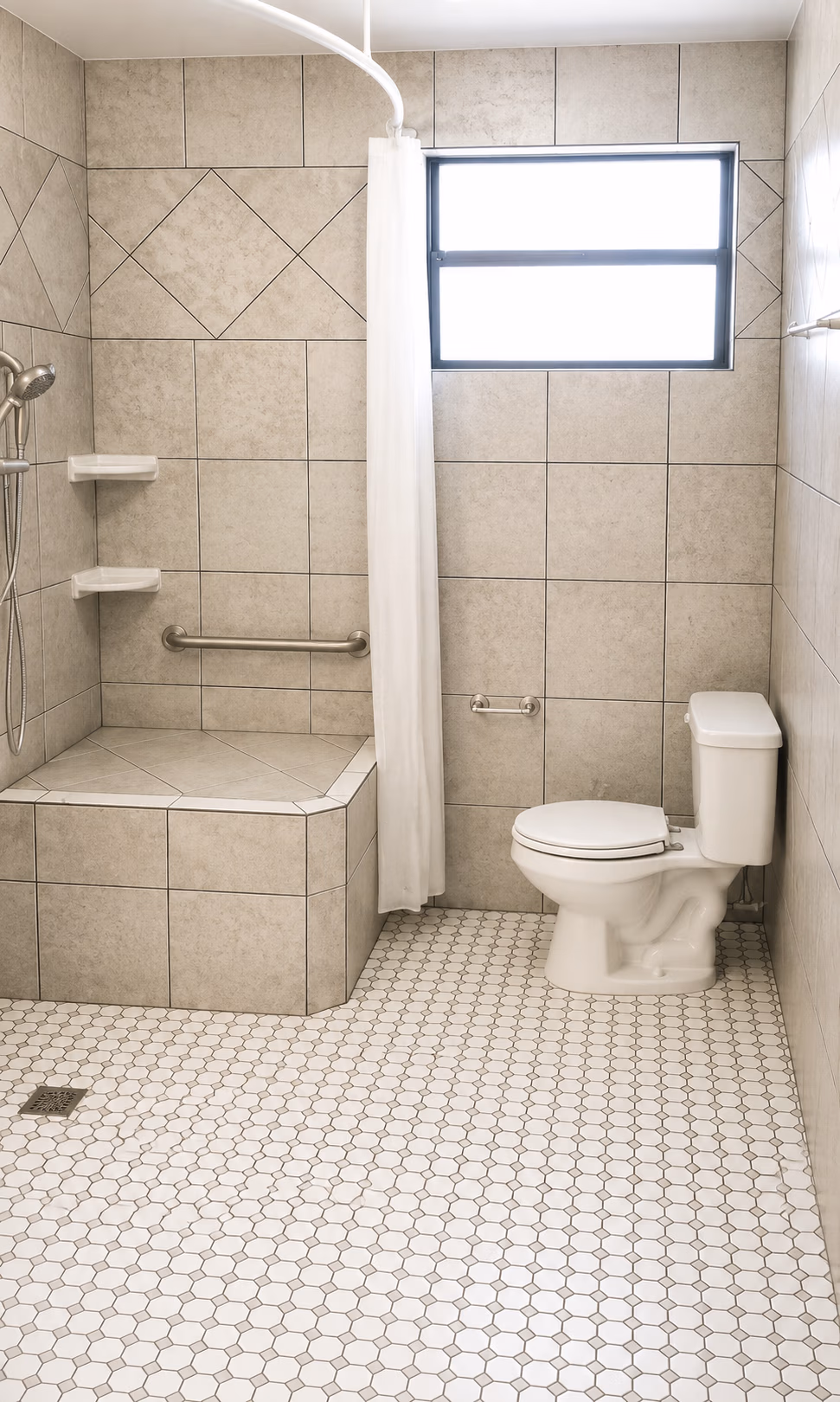 Bathroom with beige tiled shower, built-in bench, white curtain, toilet, and hexagonal floor tiles.