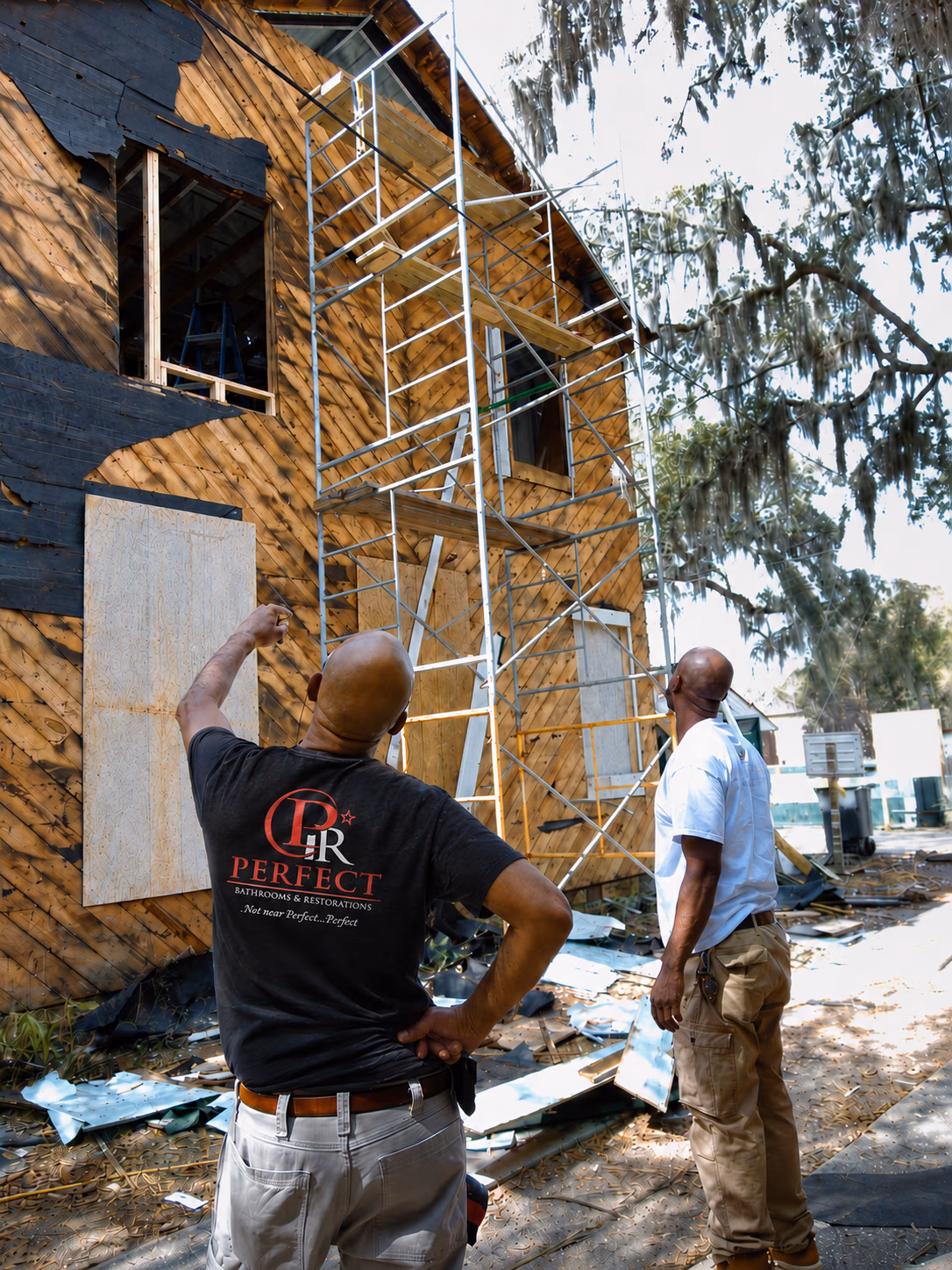 Two men inspecting a wooden house under construction with scaffolding and boarded windows.