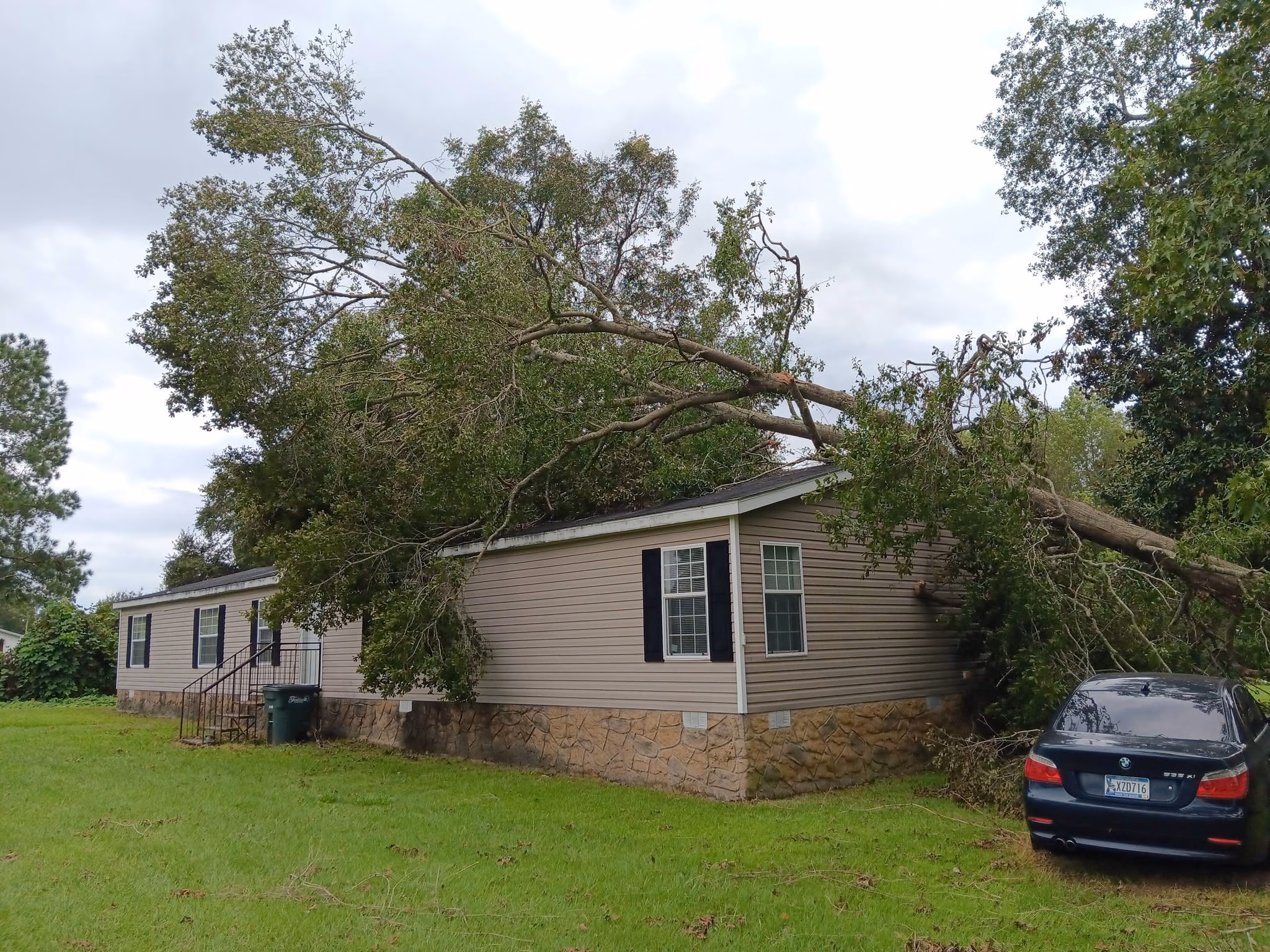 Large tree fallen on the roof of a beige house with a black car parked nearby on grass.