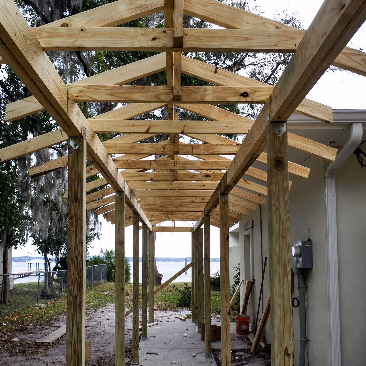 Wooden framework of a roof under construction beside a house by a waterfront.