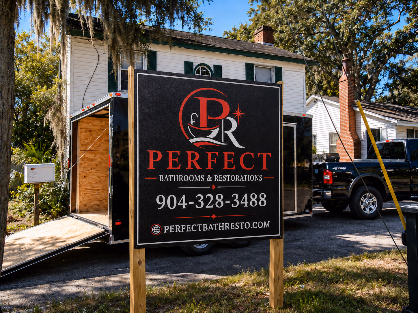 Outdoor sign for Perfect Bathrooms & Restorations with phone number and website in front of a house.