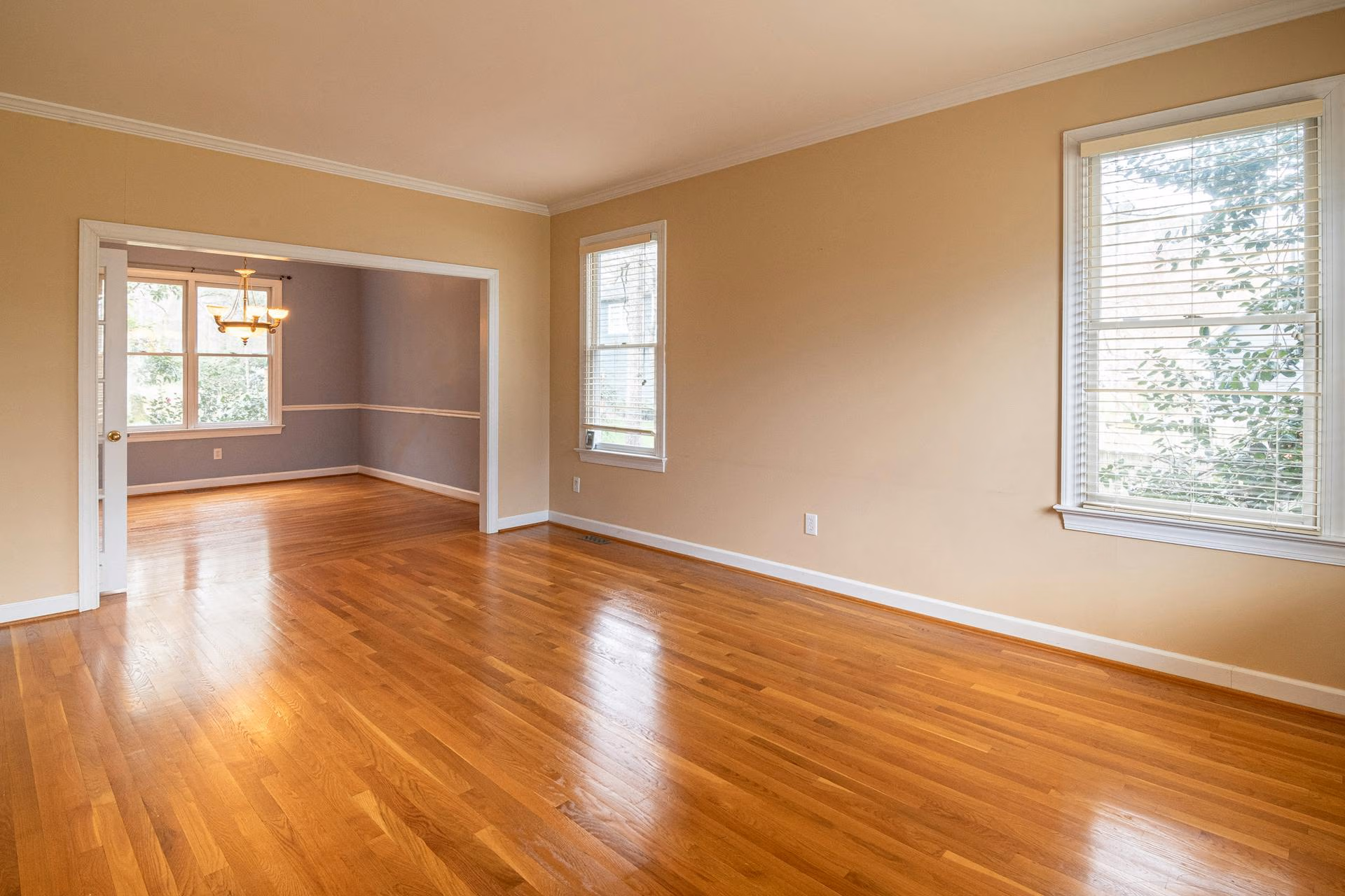 Empty room with polished hardwood floor, beige walls, two windows, and an open doorway to a dining room.