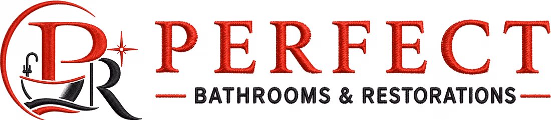 Logo with red letters PR and text Perfect Bathrooms & Restorations in red and black.