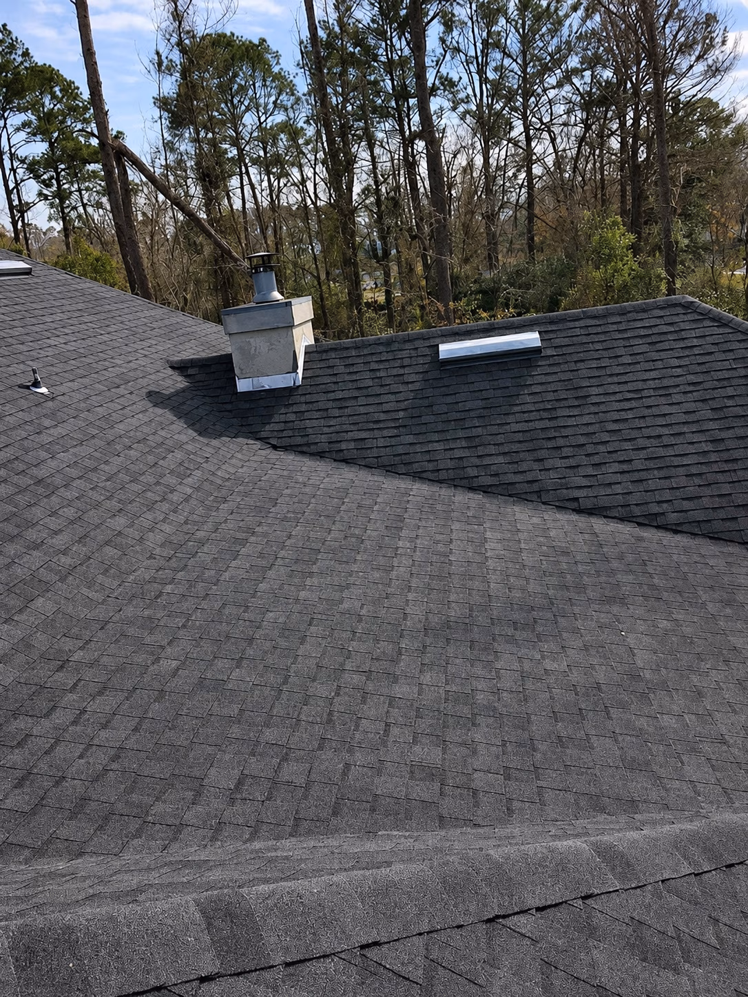 Dark gray asphalt shingled roof with a chimney and skylight against a backdrop of tall trees.