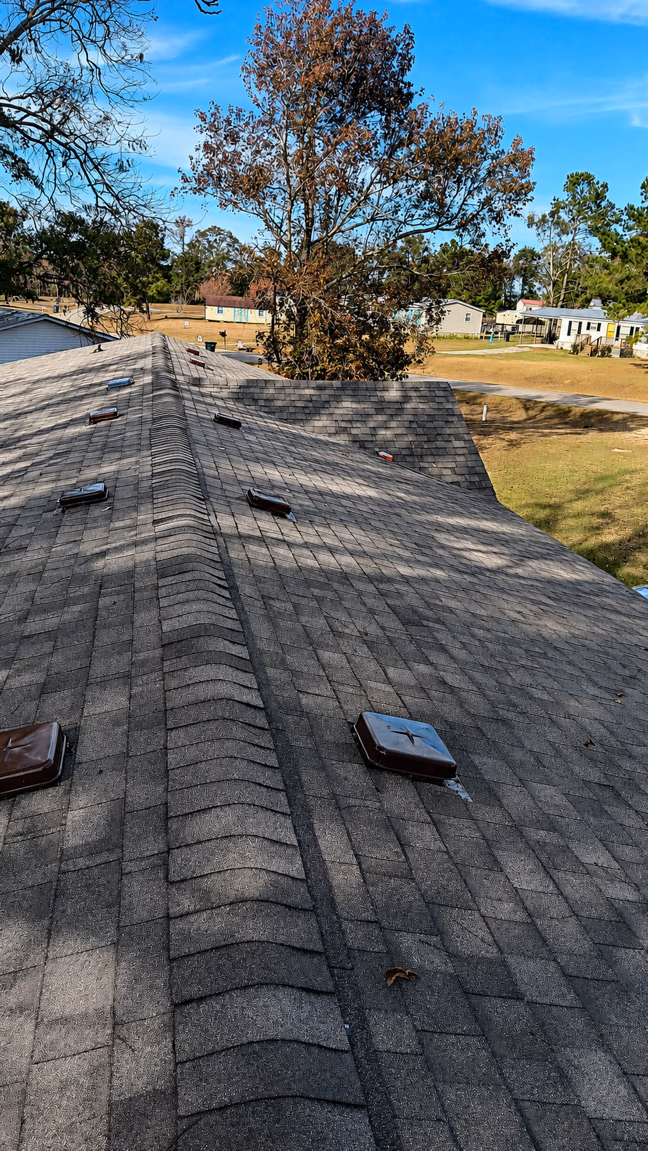 Gray shingled rooftop with multiple brown roof vents under a blue sky and bare trees.